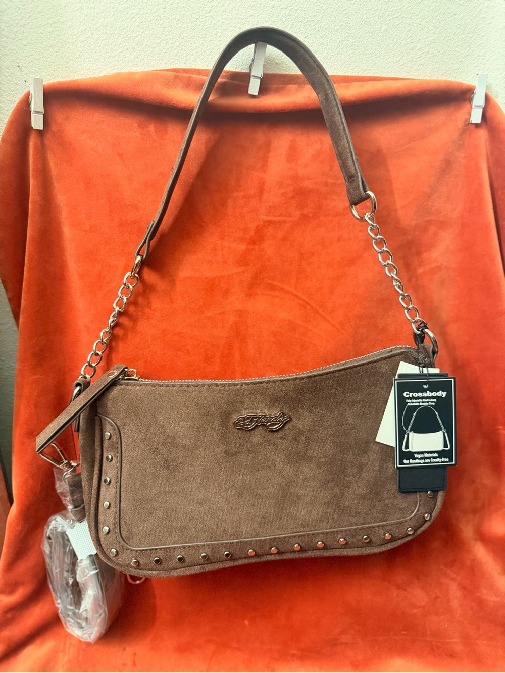 Ed Hardy Brown Suede Crossbody Bag with Chain Strap